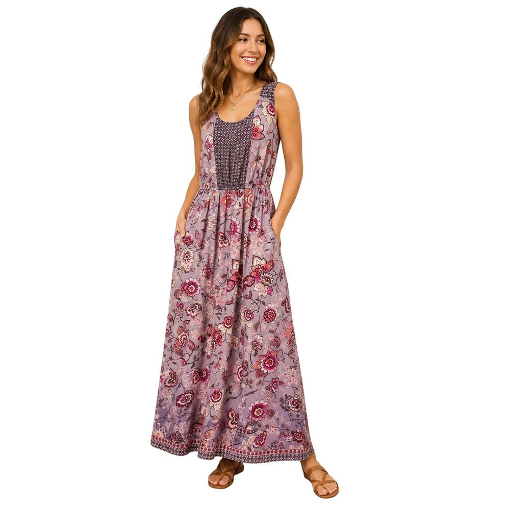 Sundance Floral Maxi Dress Boho Sleeveless Rayon Purple Pink Medium
